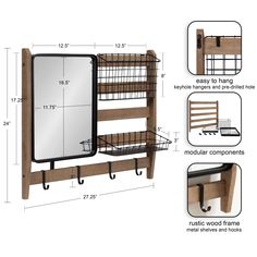 an image of a wooden shelf with mirror and hooks attached to it's sides