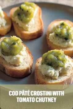 Crispy crostini topped with a smooth cod pâté and tangy chutney, offering a sophisticated Italian finger food idea for weddings or gatherings.