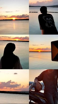 multiple pictures of a person standing on the beach at sunset or dawn with their back turned to the camera