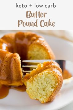 a bundt cake on a white plate with a fork in it and caramel sauce