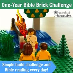 two lego people are standing in front of a campfire with the text, one year bible brick challenge simple build challenge and bible reading every day