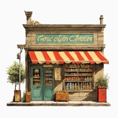 a painting of a store front with an orange and white striped awning over it