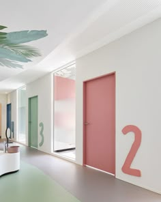 the interior of a modern home with pink door and green plant on the wall next to it