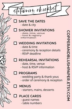 a pink wedding checklist with flowers and leaves on the top, in black ink