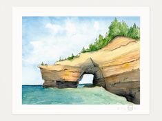 a watercolor painting of a rock formation near the ocean with trees growing on top