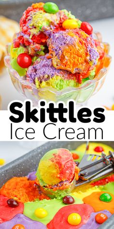 an ice cream sundae with colorful toppings on top and the words skittles in