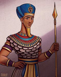 an egyptian man holding a spear and wearing a blue headdress with gold accents