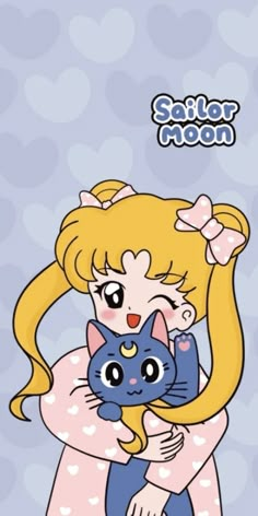 sailor moon and her cat hugging each other