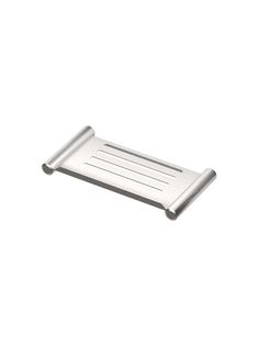 a stainless steel shelf on a white background