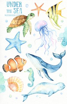 under the sea watercolor clipart set with ocean animals, fish and jellyfish