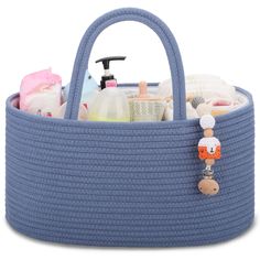 a blue basket filled with lots of items