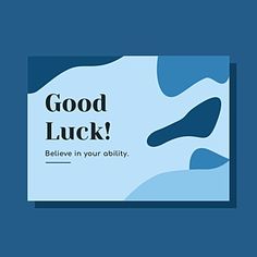 a blue and white business card with the words good luck written on it in black