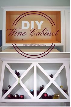 there are two shelves with wine bottles in them and the words diy wine cabinet