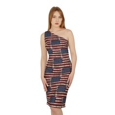 Show your patriotic spirit with this American Flag dress. The vibrant colors and unique one-shoulder strap design give off an elegant and eye-catching vibe. Perfect for those who love to stand out and make a statement during Independence Day celebrations. Product features - 95% polyester, 5% spandex for a soft and lightweight feel - Unique one shoulder strap for a stylish look - Vibrant colors that stand out - Invisible white zipper for a seamless finish - Perfect knee-length fitted silhouette Care instructions - Do not dryclean - Iron, steam or dry: medium heat - Line dry - Do not bleach - Machine wash: warm (max 40C or 105F), gentle cycle Independence Day Costume, American Flag Dress, Military Dress, Flag Dress, Military Dresses, Patriotic Dresses, Flag Outfit, Usa Dresses, American Pride