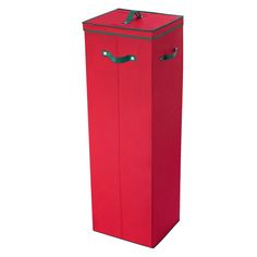 a red trash can with two green handles on the top and bottom, standing upright