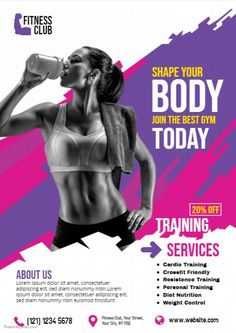 a flyer for a fitness club with a woman drinking water