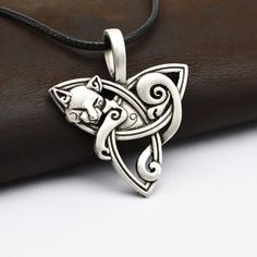 Cat on Triquetra Leather Cord Celtic Necklace - Ancient Treasures Vintage Jewelry With Cat Design For Gift, Triquetra Necklace, Rings Cheap, Wolf Necklace, Celtic Pendant, Celtic Necklace, Best Jewelry Stores, Viking Jewelry, Cat Jewelry