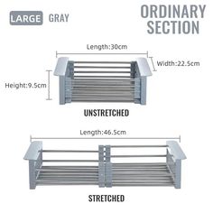 two metal shelves with the measurements for each shelf in different sizes and widths to choose from