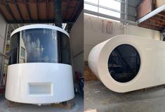 two pictures of the inside of a building and outside of a large white object in front of it