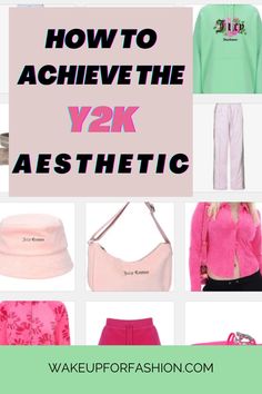 Y2K aesthetic fashion in pink, beige, blue and green.