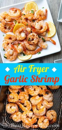 air fryer garlic shrimp on a grill with lemon wedges