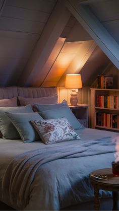 Cozy attic bedroom with soft lighting, a well-made bed, a nightstand with a lamp, bookshelves, and a cup on a wooden table. Rainy Cozy Bedroom, Nighttime Aesthetic Bedroom Cozy, Comfy Cozy Bed Pov, Cozy Bedroom Bedding & Blankets Night, Blankets Warm, Bedroom Aesthetic Ideas