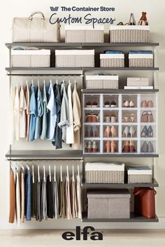 an organized closet with clothes and shoes