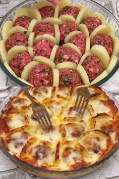 two pizzas, one with meatballs and the other with cheese