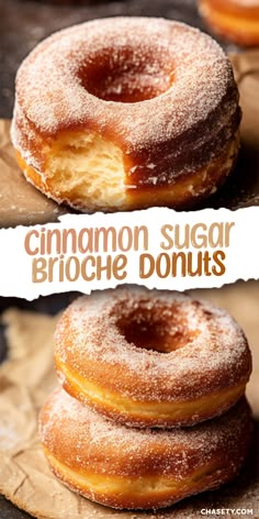 cinnamon sugar brioche donuts stacked on top of each other with the title above them