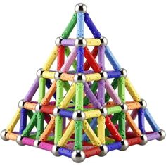 an image of a colorful toy made out of wooden sticks and steel balls on a white background