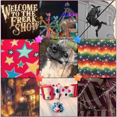 a collage of pictures with various things in them including stars, stripes and unicorns