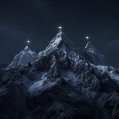 the night sky is filled with stars above a snowy mountain