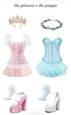 the princess and the pauer costume is shown in four different colors, including blue, pink