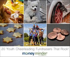 the collage has pictures of people, dogs, and other things in it with text that reads 20 youth cheerleadering fundraisers that rock money