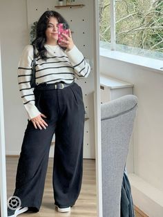 Stripe jumper wide leg black trousers casual workwear trainers   Follow my shop @chloeepavlou on the @shop.LTK app to shop this post and get my exclusive app-only content!  #liketkit #LTKeurope #LTKplussize #LTKmidsize @shop.ltk Plus Size Smart Outfits, Fashion For Wide Shoulders, Plus Size Trousers Outfit Casual, Plus Size Business Fashion, Outfit Ideas For Plus Size Women Casual, Size 24 Women Outfits, Plus Size Work Outfits Casual, Casual Wide Leg Trousers Outfit, Uni Outfits Plus Size