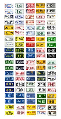 a large number of license plates with different colors and numbers on each one, including the letters