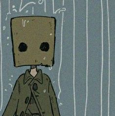 a drawing of a person with a box on their head in front of a wall