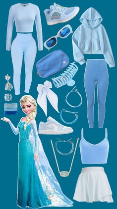 the frozen princess costume is shown in blue and white, including shoes, sunglasses, headband