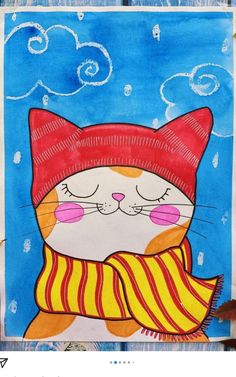 a drawing of a cat wearing a red hat and scarf with clouds in the background