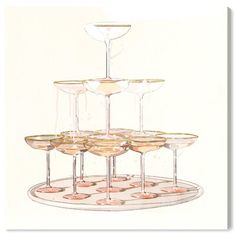 a painting of wine glasses on a tray in front of a white background with black border