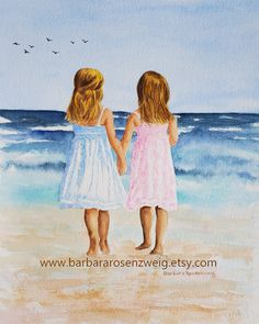 "Beach Twin Sisters have a special bond. I hope I captured that special love in this watercolor painting, perfect for beach décor and a little girl's room. GET 10% off when ordering 3 or more canvas or matted art prints. So stock up for birthday and holiday gifts or a special treat for yourself without any guilt! Use coupon code 3GET10PERCENTOFF at checkout. TITLE: \"Beach Sister Love - Forever Friends\" MEDIUM: Watercolor MAT: White, with bevel cut, enclosed with print in clear protective plast Bridesmaid Painting, Twins Painting, Art For Girls Room, Shell Art Print, Twin Daughters, Sisters Art, Painting Beach, Forever Friends, Watercolour Gift