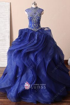 Luxury Rhinestone Beaded Organza Quinceanera Ball Gown - Lunss Dark Blue Ball Gown, Royal Blue Ball Gown, Ball Gowns Fantasy, Blue Ball Gown, Custom Made Prom Dress, Basque Waist, Dress Train, Blue Ball Gowns, Next Dresses