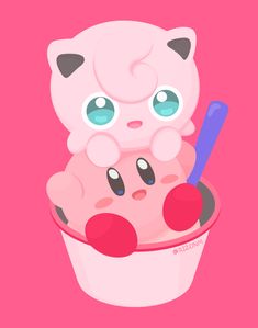 a cartoon cat is sitting in a cup with ice cream and a spoon on it