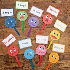 there are many different faces on these lollipops with name tags attached to them