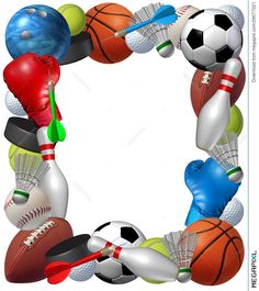 a frame made up of different sports balls and equipment