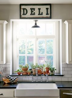 a kitchen sink sitting under a window with potted plants on top of the counter