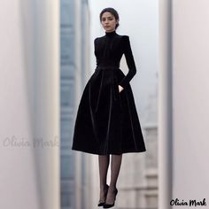 Olivia Mark - Womens Winter Vintage High Neck Velvet Little Black Dress Long Maxi Dress Wool Dress Winter, Winter Skirt Fashion, Black Wool Dress, Vintage Turtleneck, Umbrella Dress, Black Dress Long, Long Umbrella, Long Black Maxi Dress, Skirt Winter