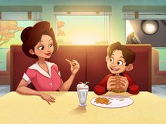 a woman sitting at a table with a boy eating food