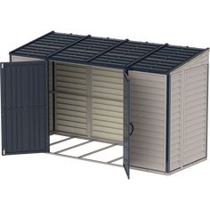 an outdoor storage shed with doors open and shutters closed on both sides, side view