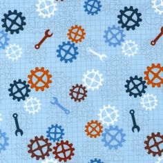 a blue background with gears and wrenches on it